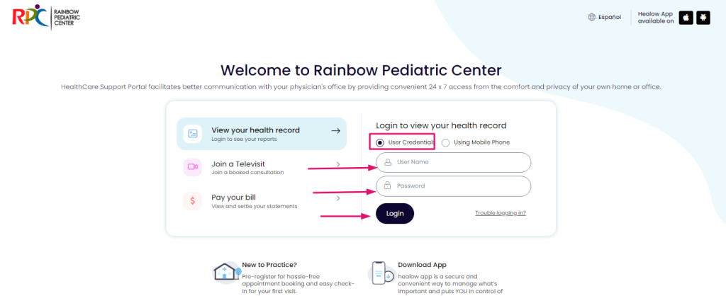 Rainbow Pediatrics Patient Portal