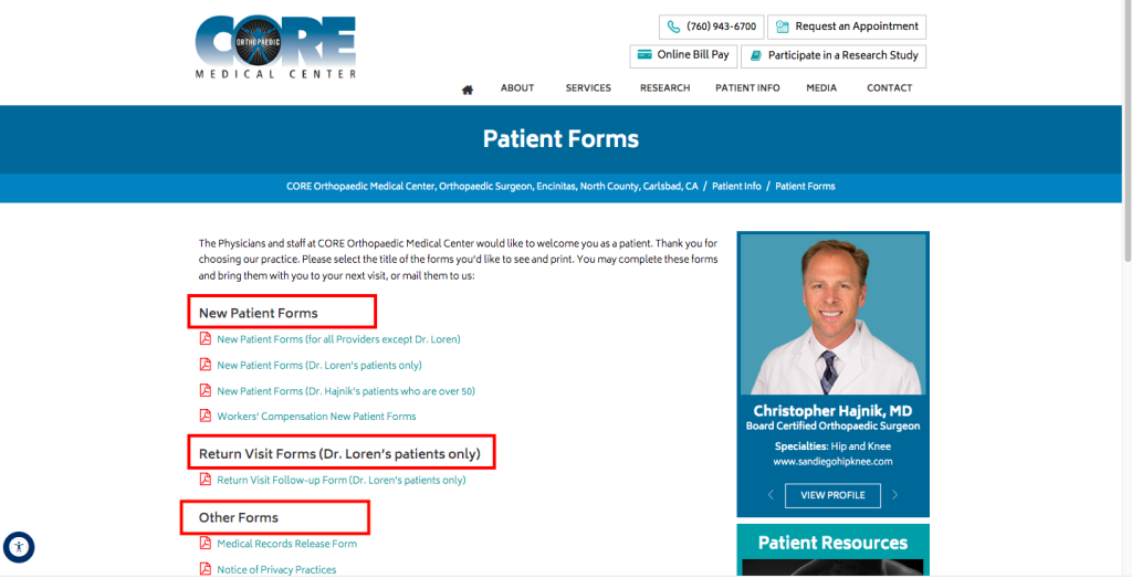 CORE Orthopedics Patient Portal